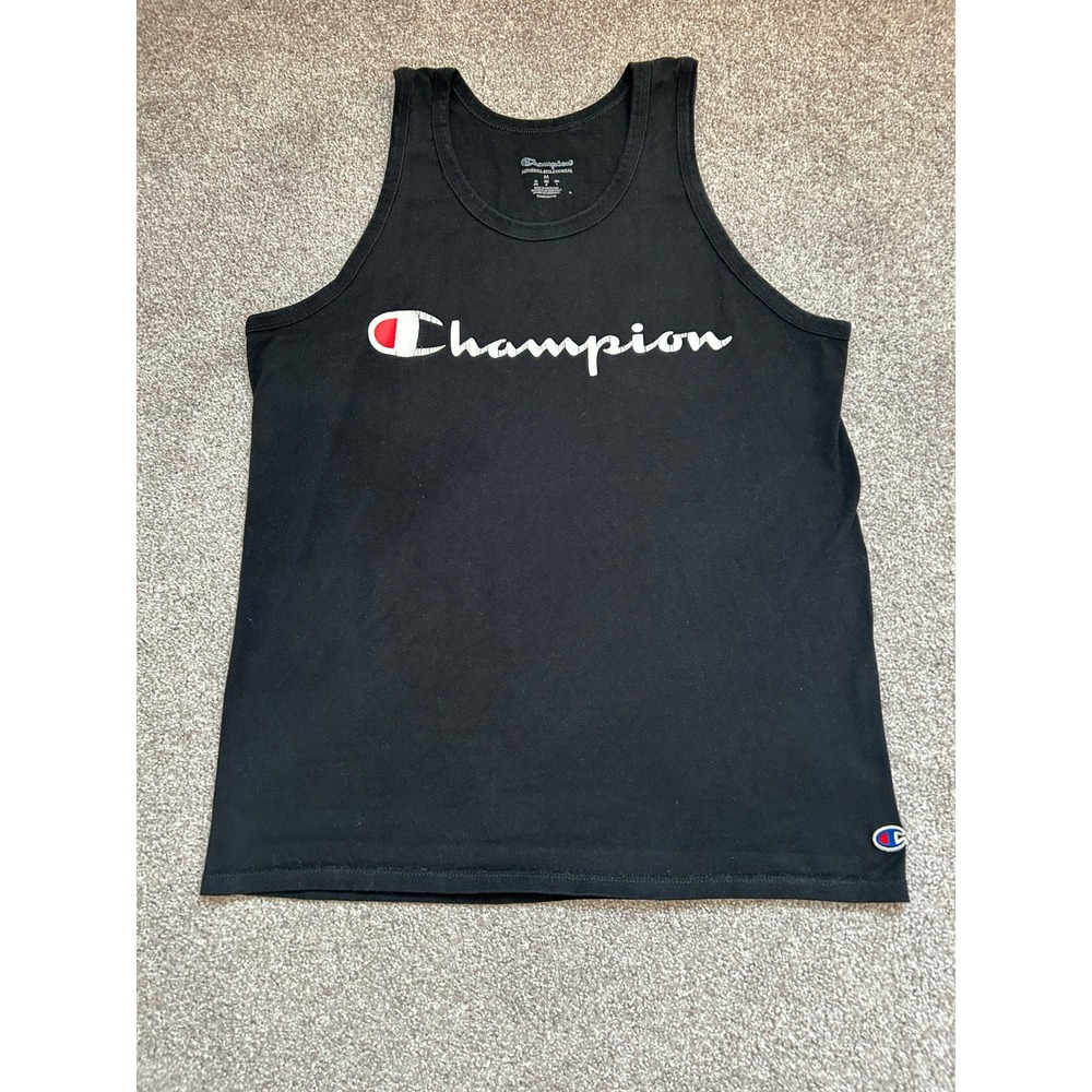 Champion Tank Top Mens Medium Black Excellent Script Logo Sleeveless Shirt